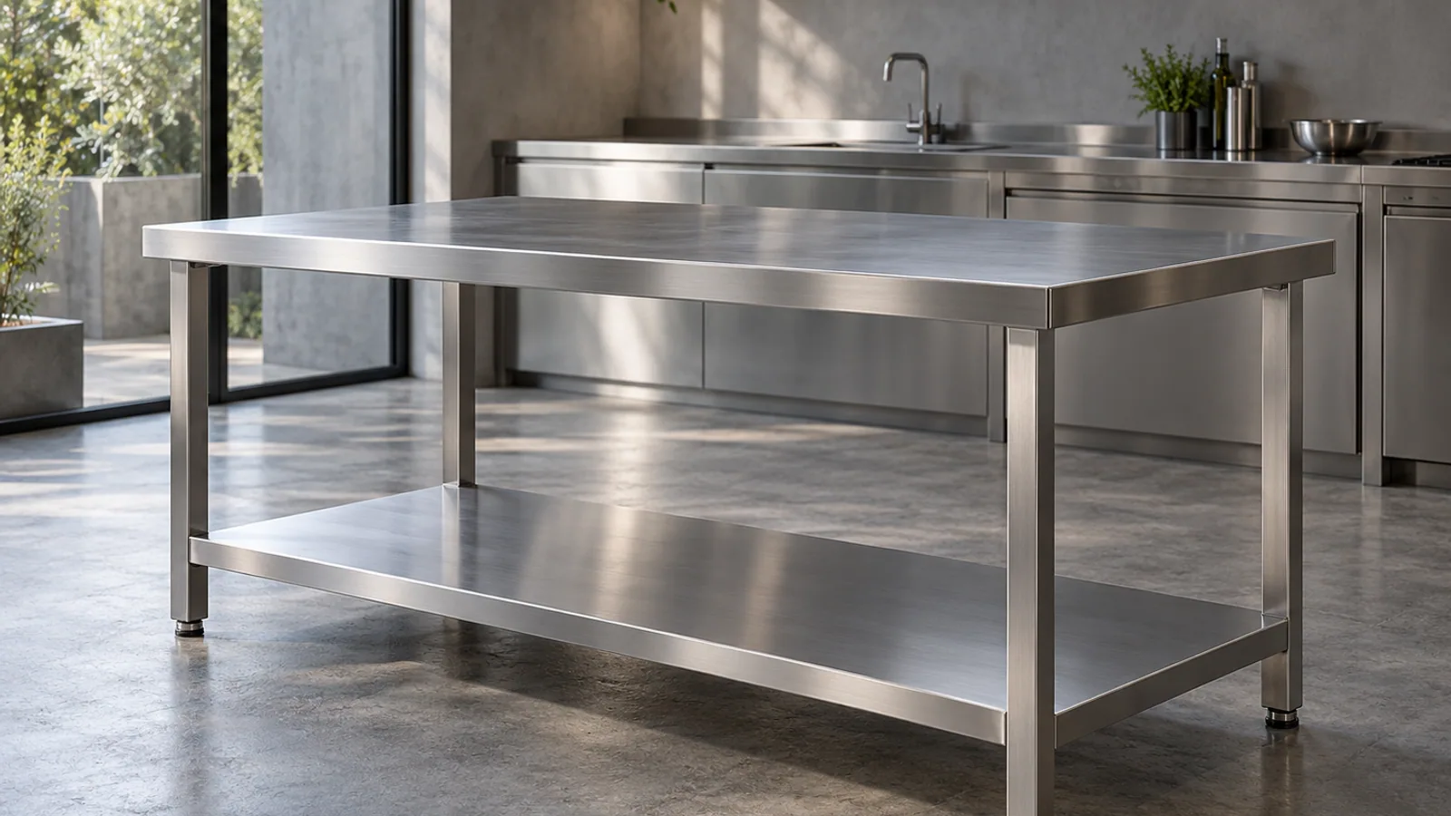 Mesa de trabalho em aço inox com prateleira inferior em ambiente de cozinha