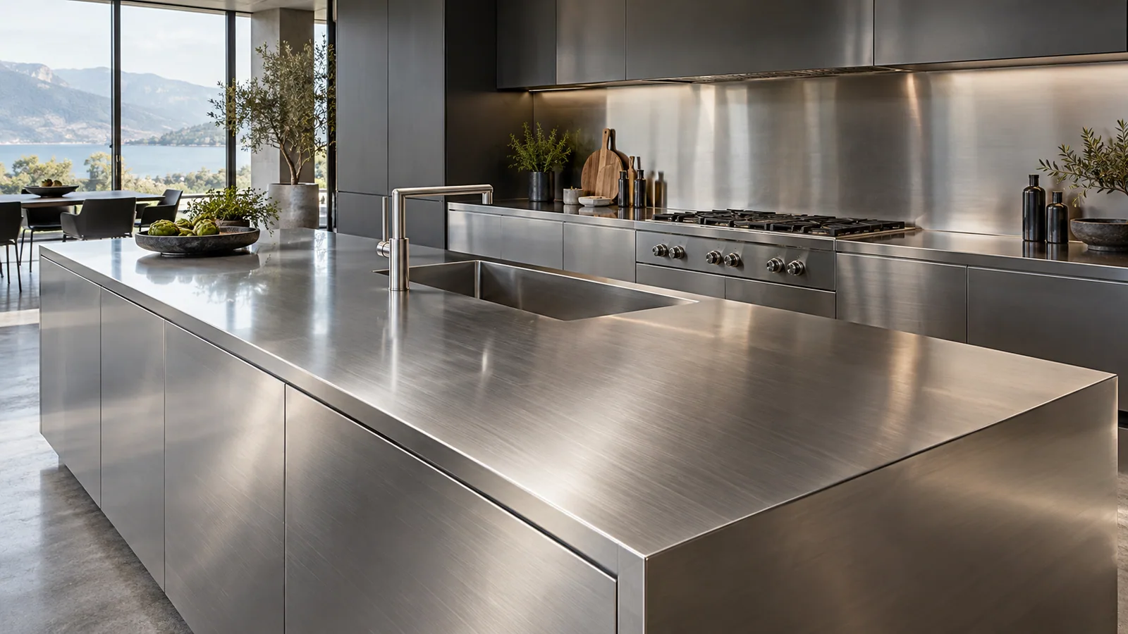 Ambiente ilustrativo com ilha, bancada e armários de aço inox escovado